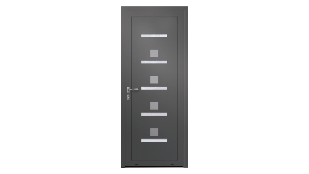 Porte d'entrée PVC parclosé Yukon Porte d'entrée grise avec inserts en forme de rectangles et de carrés